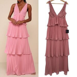 Lulus Tiered Maxi Dress M Pink Pleated Backless Mesmerizing Essence Wedding Prom